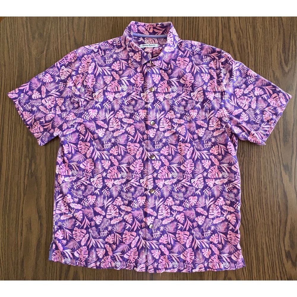 Tommy Bahama IslandZone Monstera Men LRG Purple Pink Silk Poly Coolmax Tropical